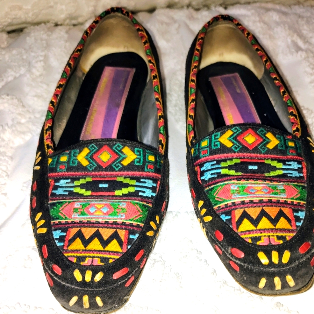 Susan Bennis Warren Edwards Black Suede Embroidered Vintage Loafer Flats Size 9 - Picture 4 of 8